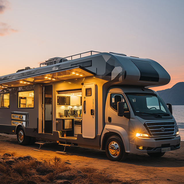 Modern RV illuminated at sunset with warm interior lighting, parked in a scenic outdoor location, showcasing luxury motorhome camping lifestyle and power capabilities