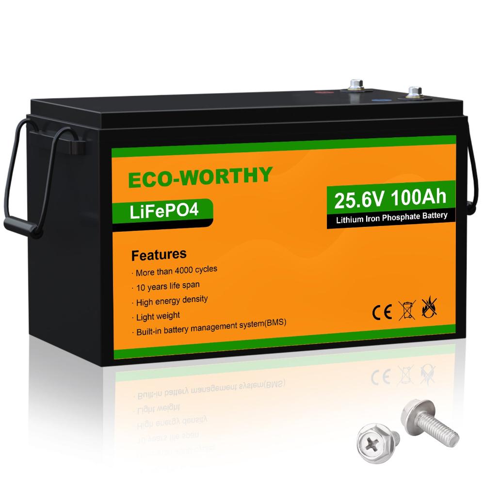 Four ECO-WORTHY 24V 100Ah LiFePO4 lithium batteries with specifications.