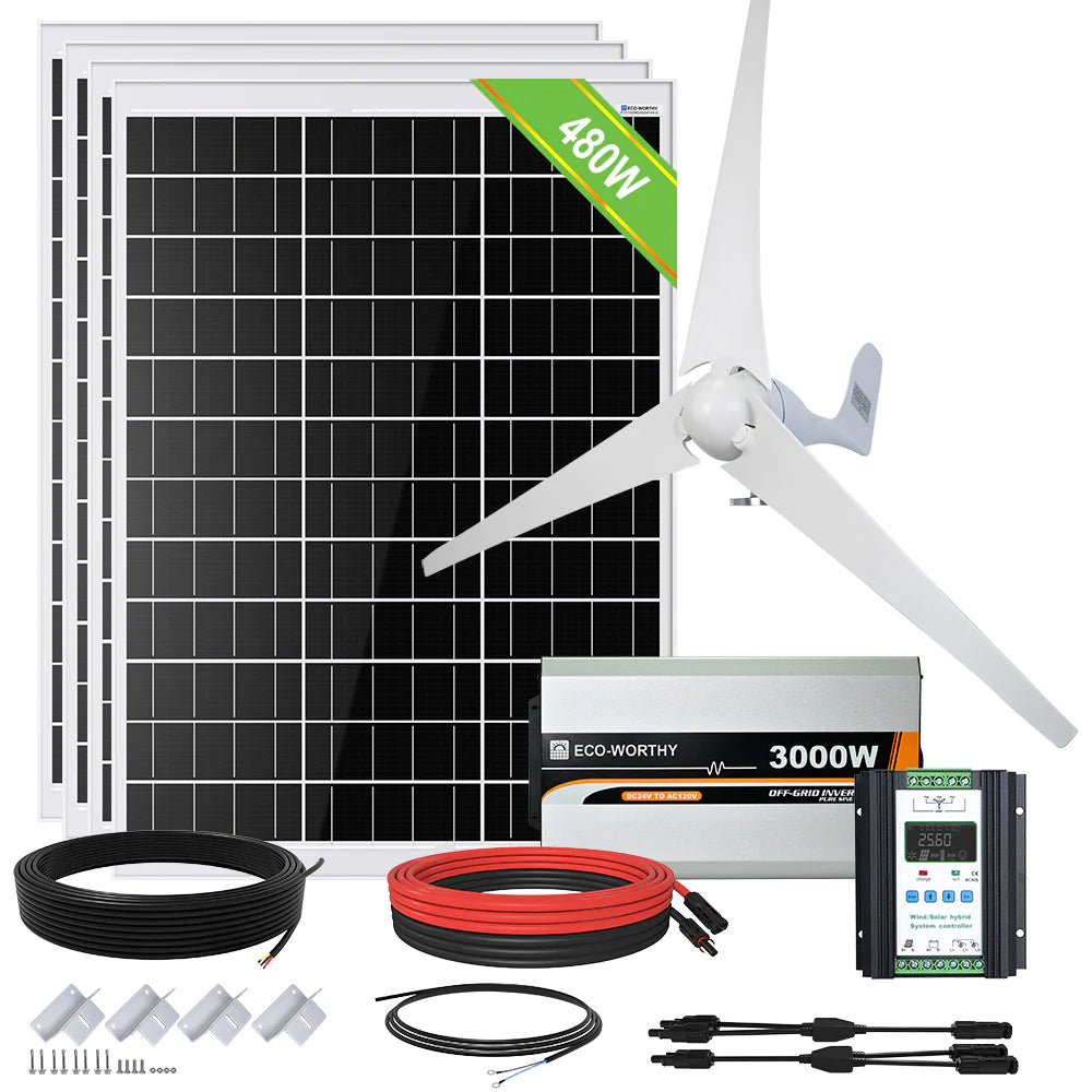 880W 24V (400W Wind+4x120W Solar) Solar Wind Hybrid Kit, Complete Lithium Kit