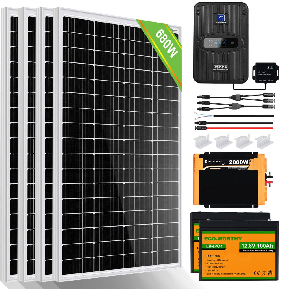 680W 12V (4x170W) Complete Off Grid Solar Kit with 2kW Inverter + 2.4kWh  Lithium
