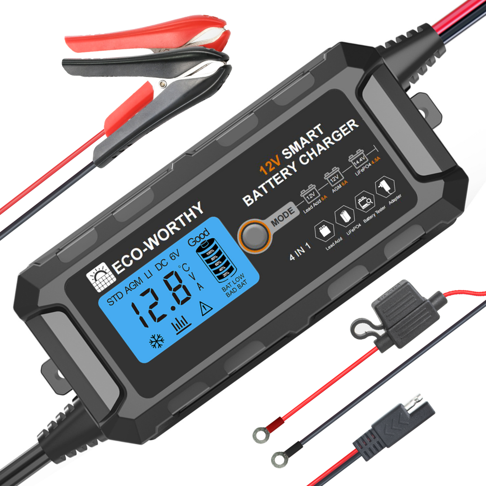 ECO-WORTHY 12V smart battery charger with LCD, clamps, and charging indicators