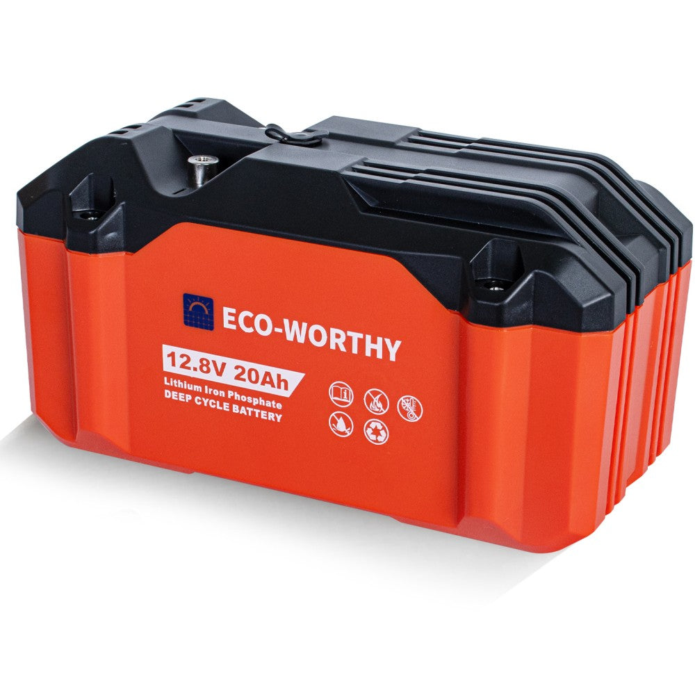 ECO-WORTHY 12V 20Ah LiFePO4 battery on outdoor table with fan and drone.
