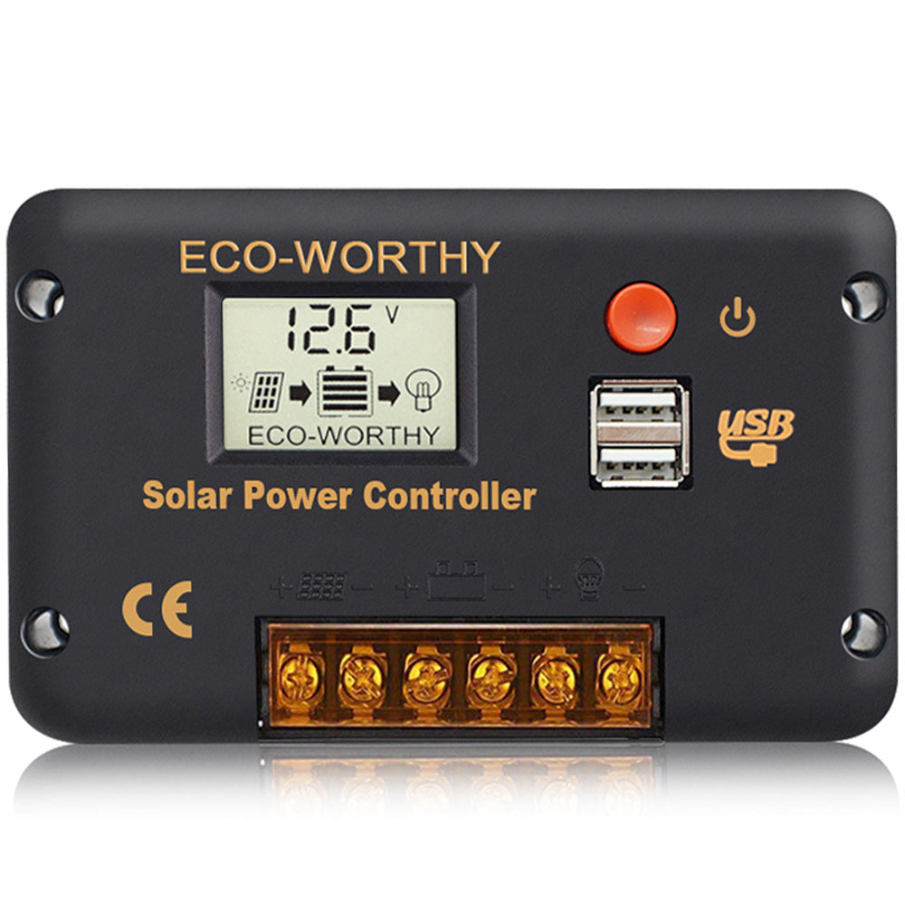 Off-grid living space with 30A PWM solar charge controller and wooden interiors.