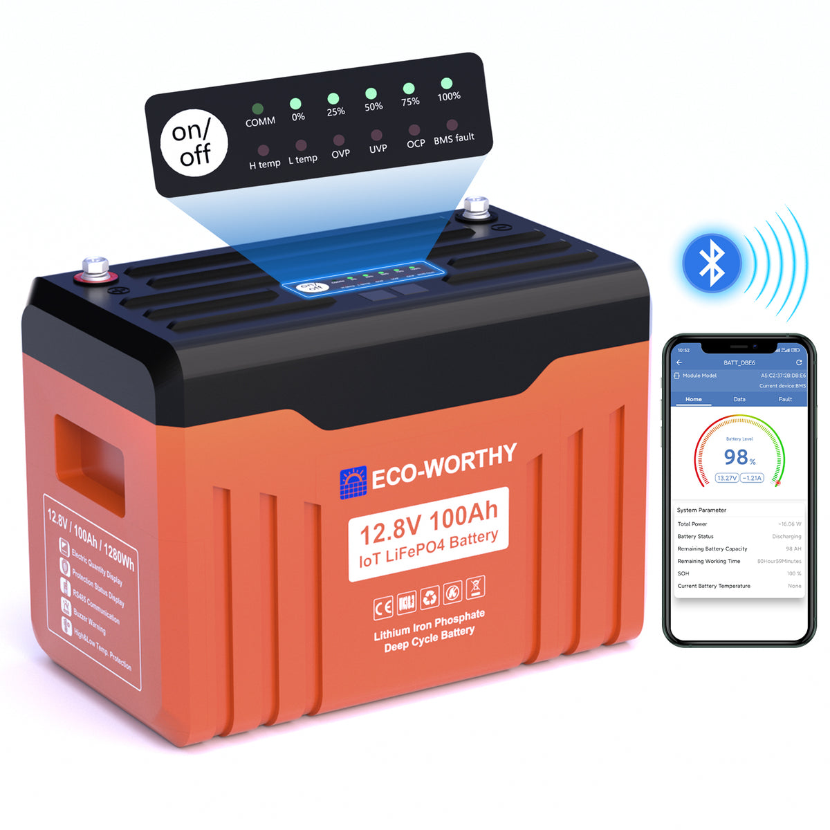 EnergyTrek 12V 100Ah LiFePO4 Lithium Battery Bluetooth Low Temp Protection