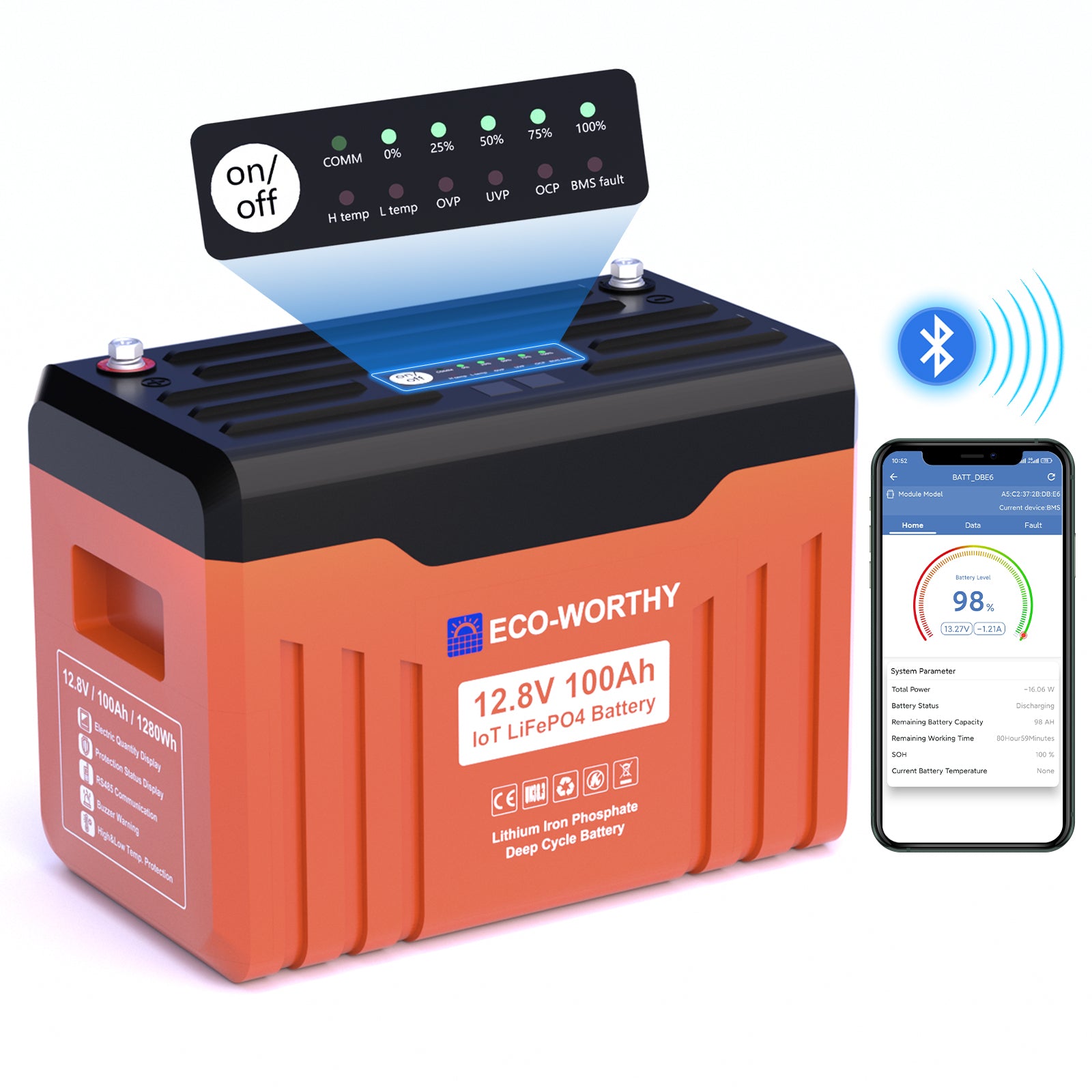 EnergyTrek 12V 100Ah LiFePO4 Lithium Battery Bluetooth Low Temp Protection