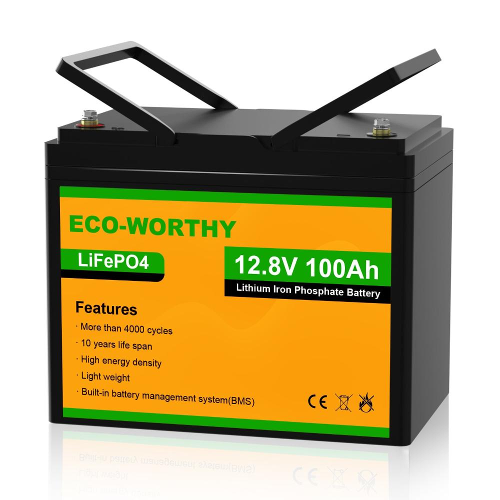 ECO-WORTHY 12.8V 100Ah LiFePO4 batteries with integrated cables and specifications shown.