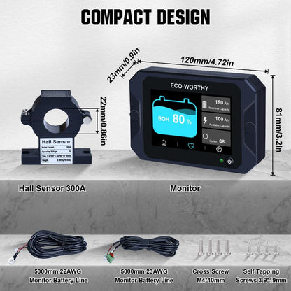 300A 3.5" Touchable Display Battery Monitor with Hall Sensor for AGM and Lithium (LiFePO4) Batteries - eco - worthy - uk