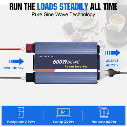 ECO-WORTHY 600W Off Grid Pure Sine Wave Inverter 12V to 230V - eco-worthy-uk