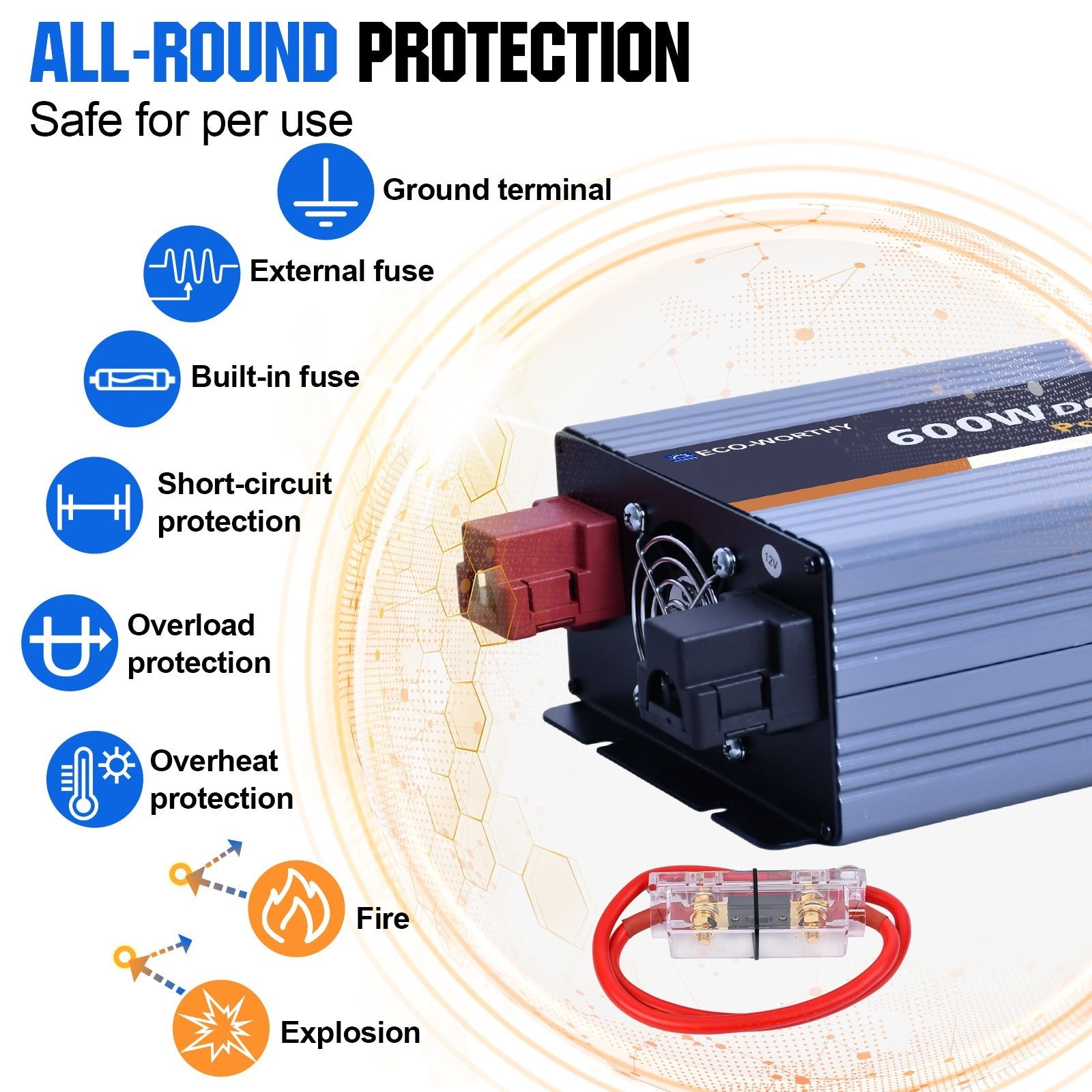 ECO-WORTHY 600W Off Grid Pure Sine Wave Inverter 12V to 230V - eco-worthy-uk