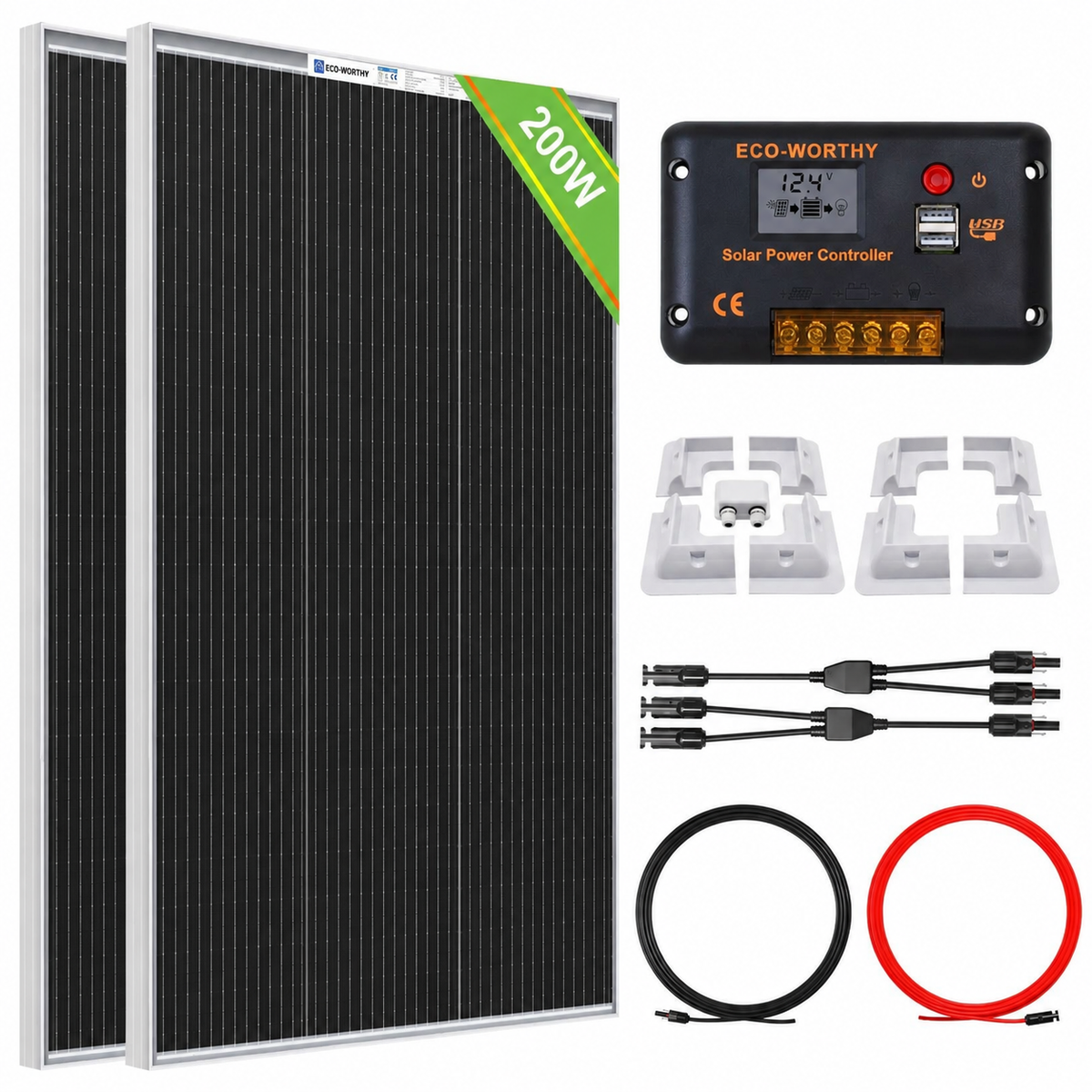 ECO-WORTHY 100W 200W 12V (1/2x Bifacial 100W) N-Type Solar Panel Kit with RV Mounting Brackets