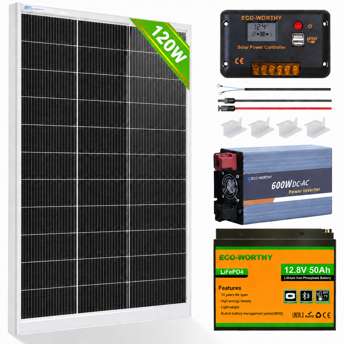 ECO-WORTHY  120W 12V Off Grid SolarPanel Kits with Battery and Inverter