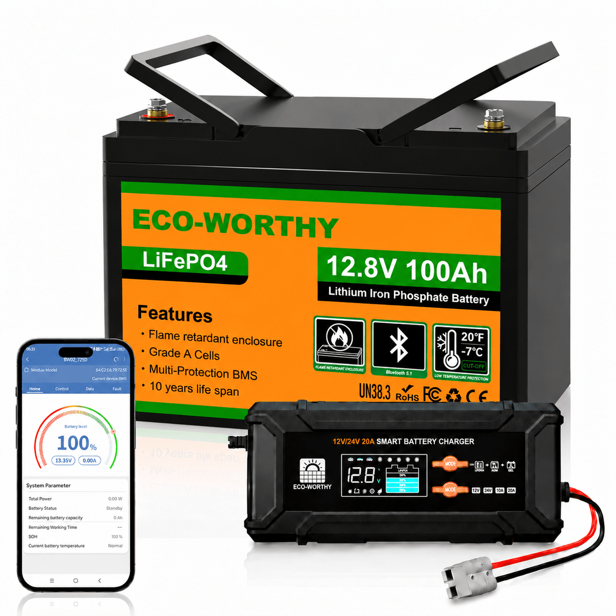 ECO-WORTHY LiFePO4 12V 100Ah Lithium Battery With Bluetooth And Low-temperature Protection - eco-worthy-uk