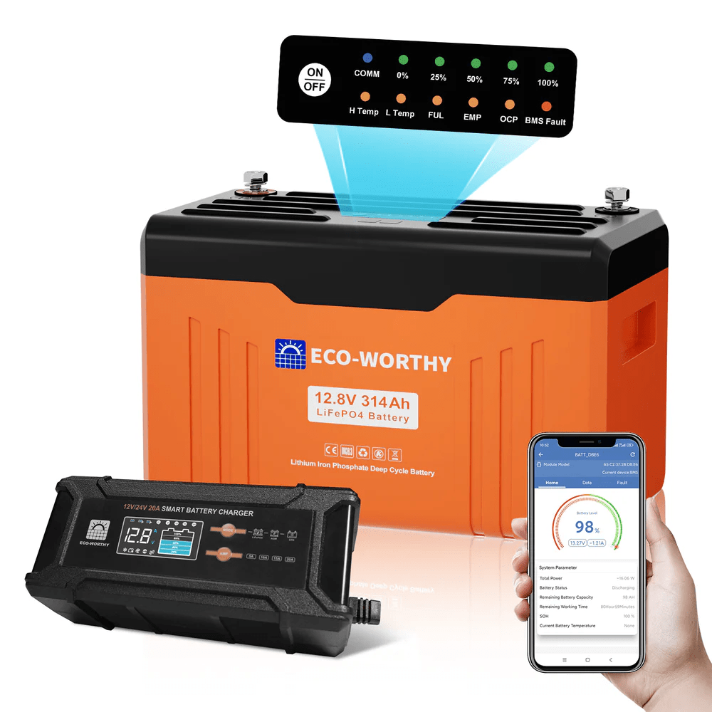 Eco-Worthy EnergyTrek 12V 314AH Lifepo4 Lithium Battery Bluetooth with SOC LEDs and Low Temp Protection - eco-worthy-uk