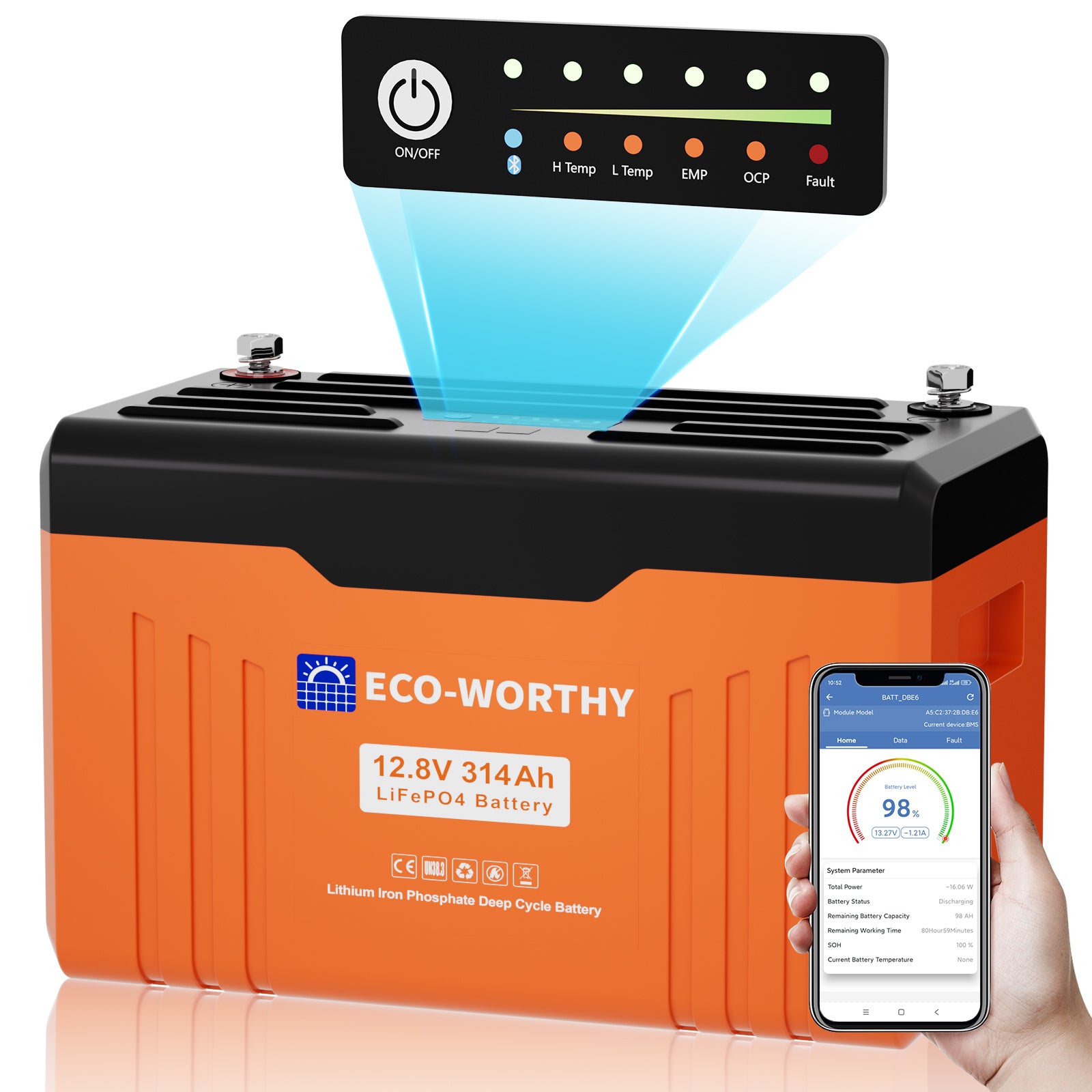 EnergyTrek 12V 314AH Lifepo4 Lithium Battery Bluetooth SOC LEDs Low Temp Protection
