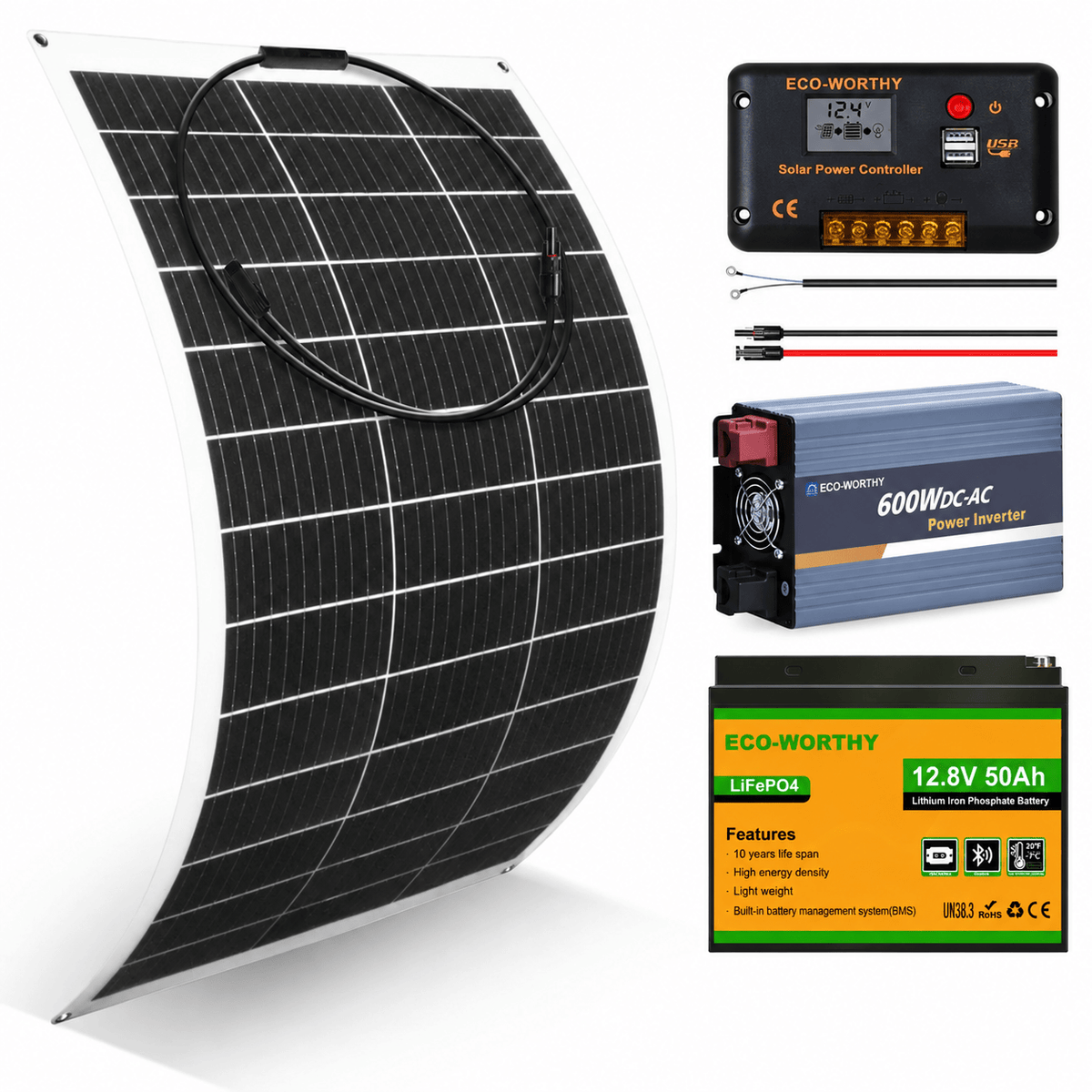 ECO-WORTHY 130W 260W 520W 12V (1/2/4xFlexible 130W) Off Grid SolarPanel Kits with Battery and Inverter - eco-worthy-uk