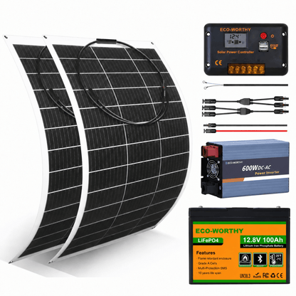 ECO-WORTHY 130W 260W 520W 12V (1/2/4xFlexible 130W) Off Grid SolarPanel Kits with Battery and Inverter - eco-worthy-uk