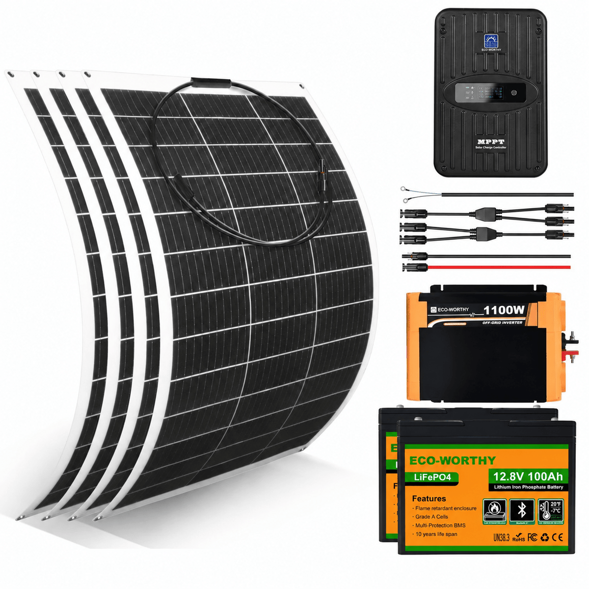 ECO-WORTHY 130W 260W 520W 12V (1/2/4xFlexible 130W) Off Grid SolarPanel Kits with Battery and Inverter - eco-worthy-uk