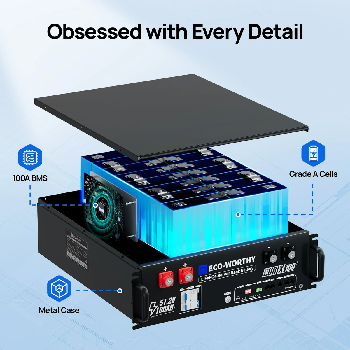 ECO-WORTHY Cubix100 48V 100Ah LiFePO4 Lithium Battery  Server Rack Battery with Bluetooth & Wifi, 5.12kWh  IEC62619-7