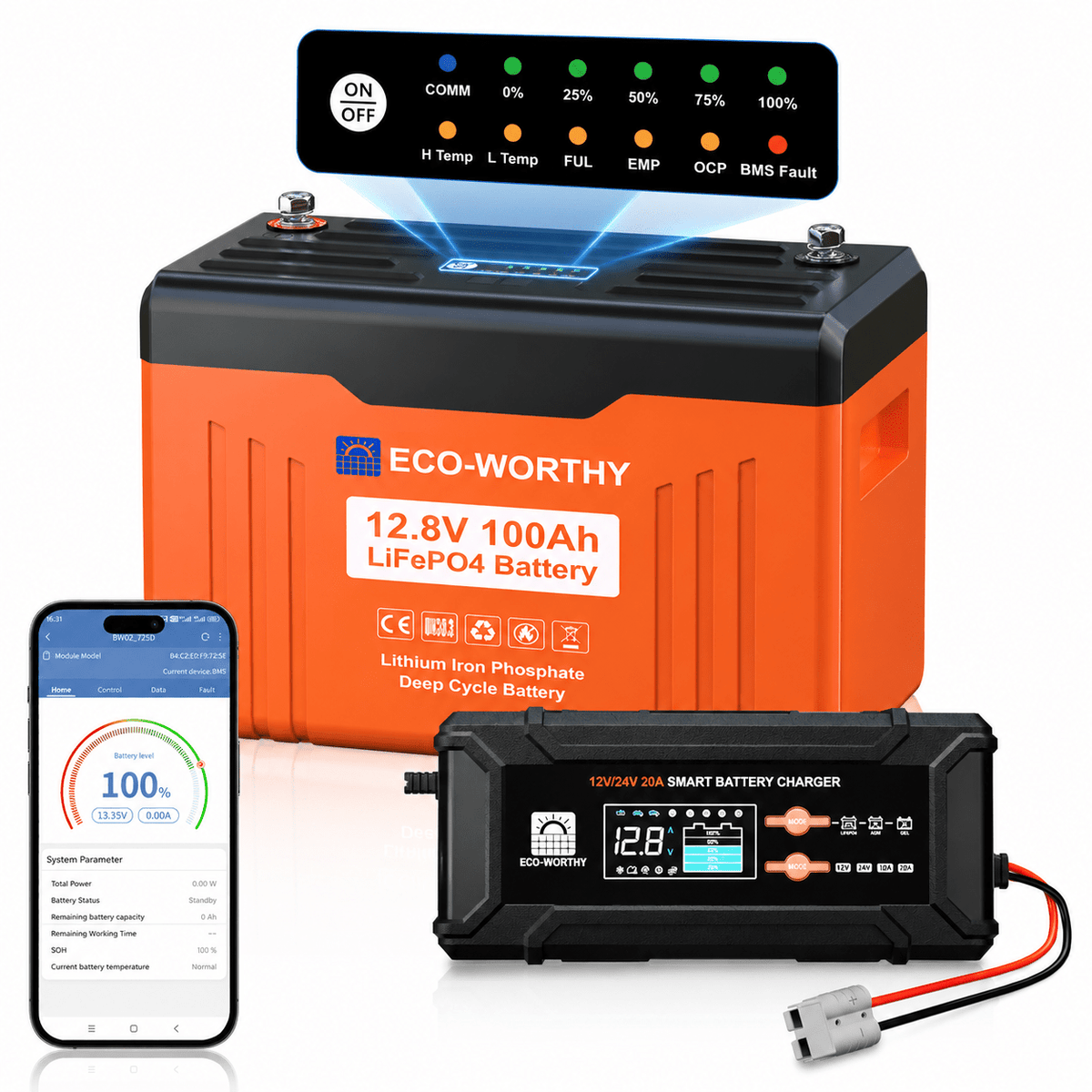 ECO-WORTHY EnergyTrek 12V 100Ah LiFePO4 Lithium Battery with Bluetooth and Low-Temp Protection - eco-worthy-uk