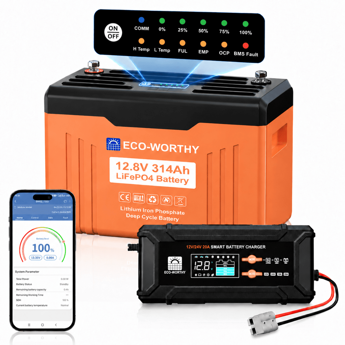 ECO-WORTHY EnergyTrek 12V 314Ah LiFePO4 Lithium Leisure Battery with Bluetooth & 20A Smart Charger for Campervans, Caravans & Motorhomes - eco-worthy-uk