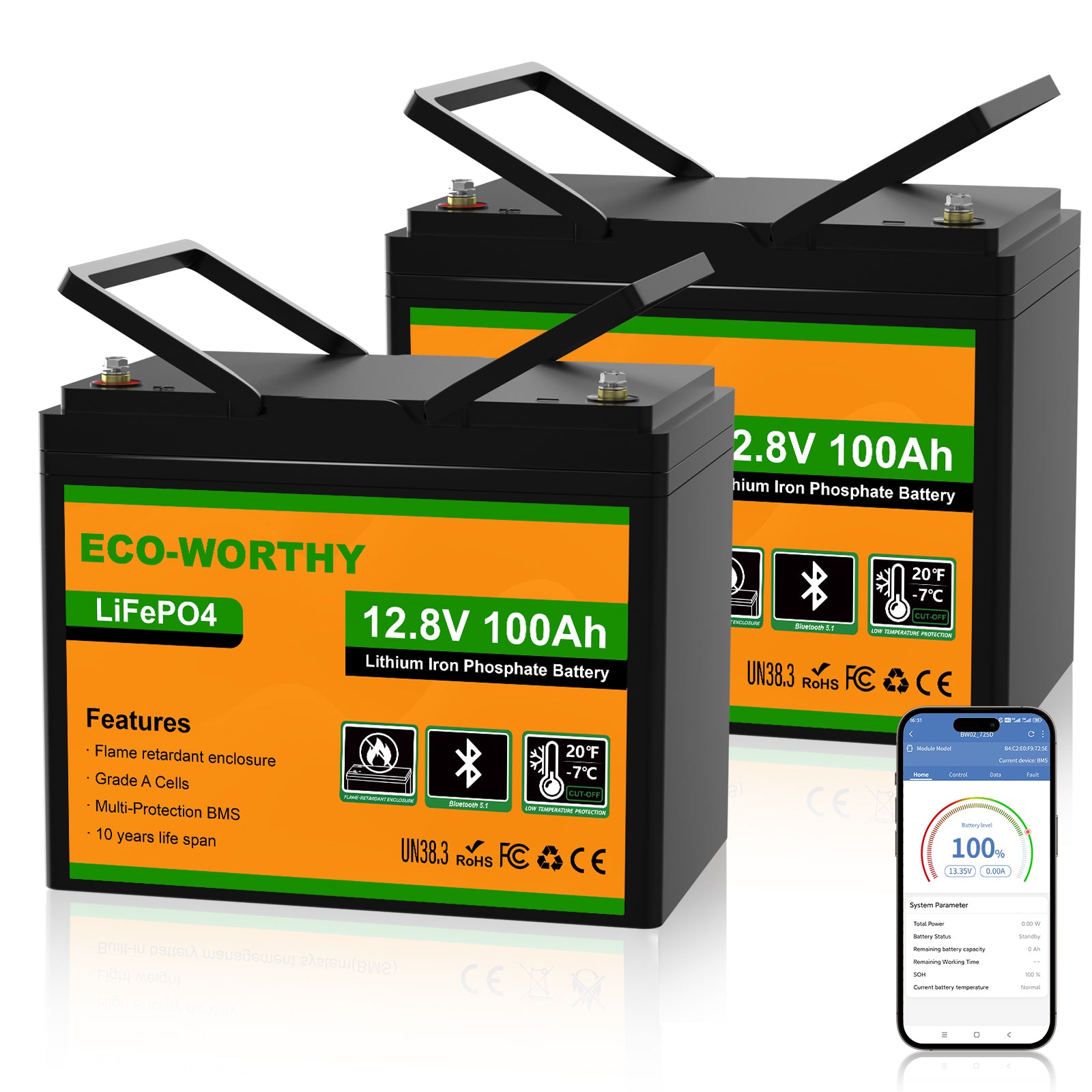 Eco-Worthy LiFePO4 12V 100Ah Lithium Battery With Bluetooth And Low-temperature Protection - eco-worthy-uk