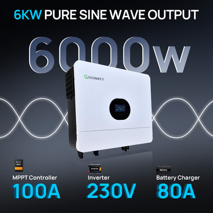 Growatt SPF 6000 ES Plus 48v 6000W Hybrid Solar Inverter with Dual MPPT & 500V PV Input - eco - worthy - uk
