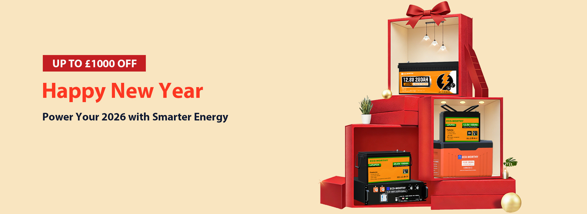 Start 2026 with reliable power. Save up to £1000 on Eco-Worthy LiFePO4 batteries, solar kits & energy storage systems. Limited-time New Year Sale.