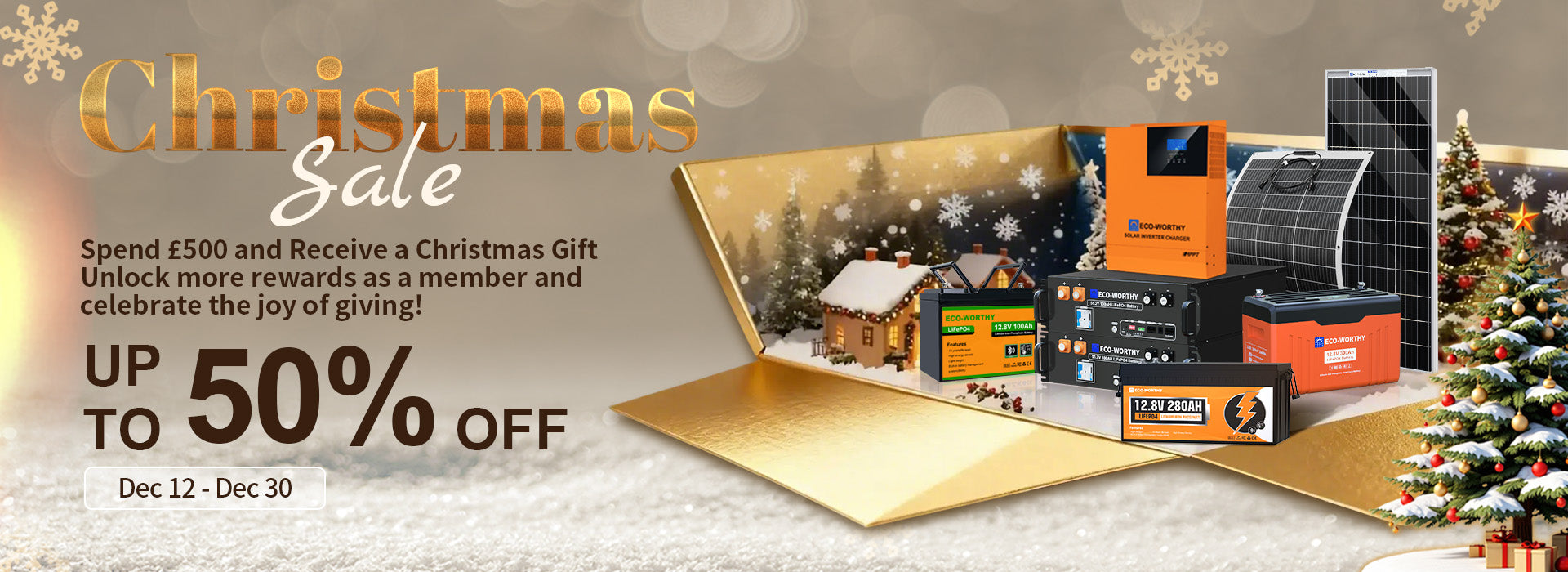 Eco-Worthy Christmas sale banner — 50% off on lithium batteries, solar panels and off-grid solar kits