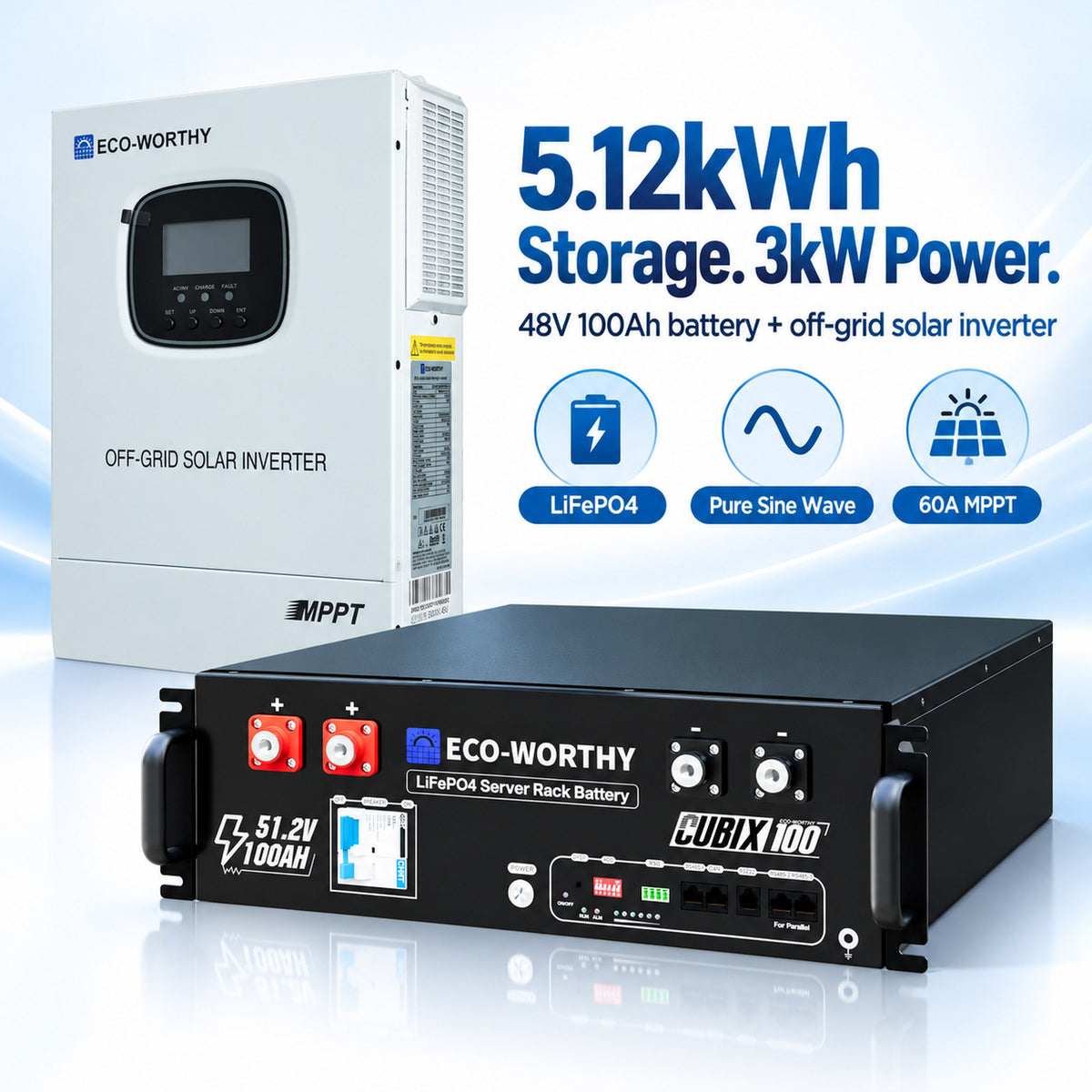 ECO-WORTHY 3KWh Solar Power Bundle with 48v 100AH Server Rack Battery & 3000W 48V Solar Inverter - eco-worthy-uk