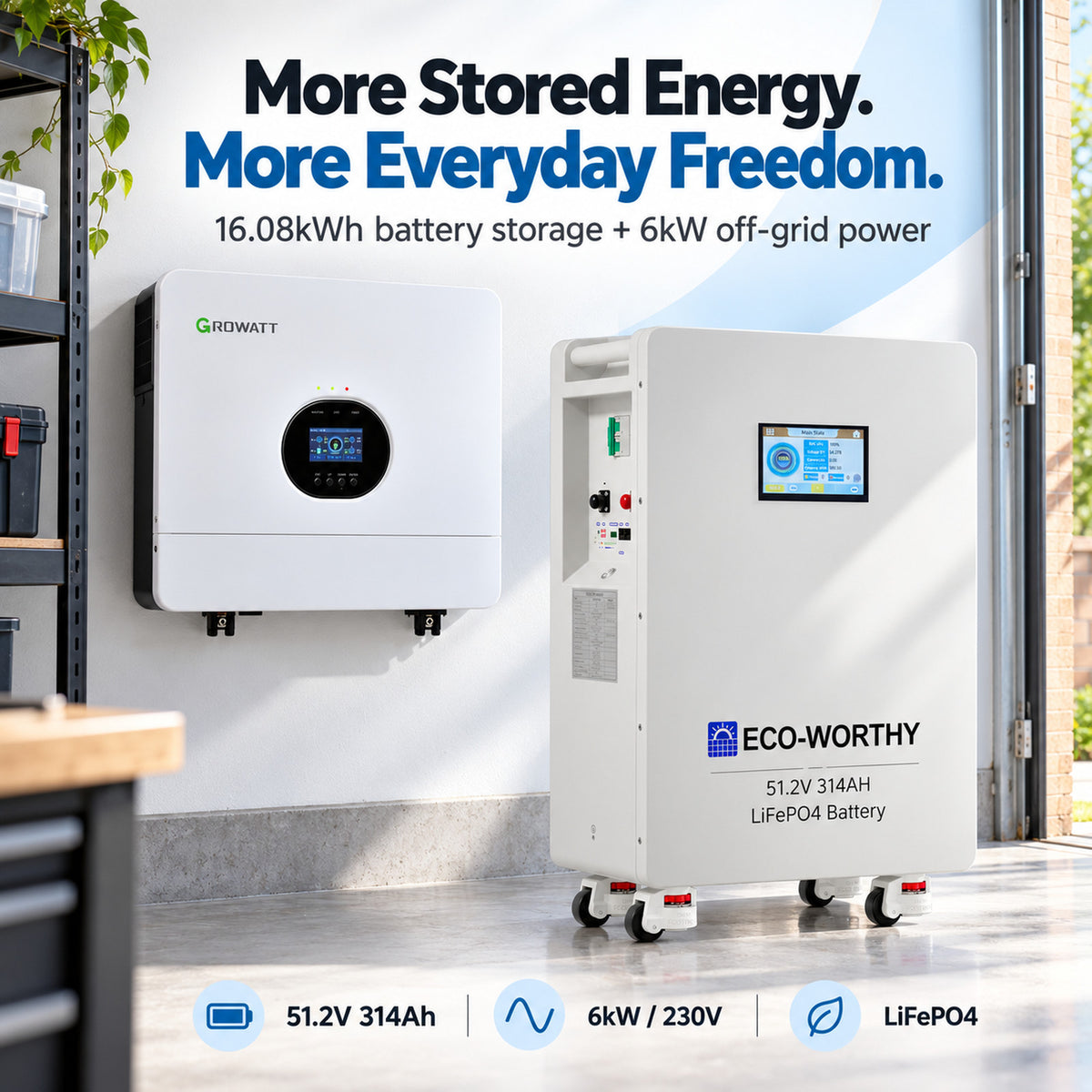 ECO-WORTHY 16KWh Home Backup Solar Power Bundle With 48V 314Ah LiFePO4 Lithium Battery and 6KW 48V AIO Off Grid Inverter - eco-worthy-uk