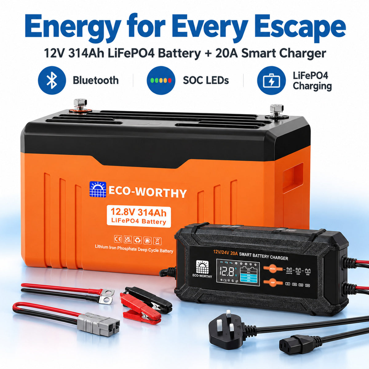 ECO-WORTHY EnergyTrek 12V 314Ah LiFePO4 Lithium Leisure Battery with Bluetooth & 20A Smart Charger for Campervans, Caravans & Motorhomes - eco-worthy-uk