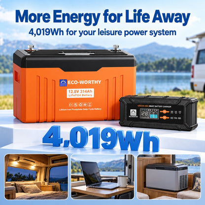 ECO-WORTHY EnergyTrek 12V 314Ah LiFePO4 Lithium Leisure Battery with Bluetooth & 20A Smart Charger for Campervans, Caravans & Motorhomes - eco-worthy-uk