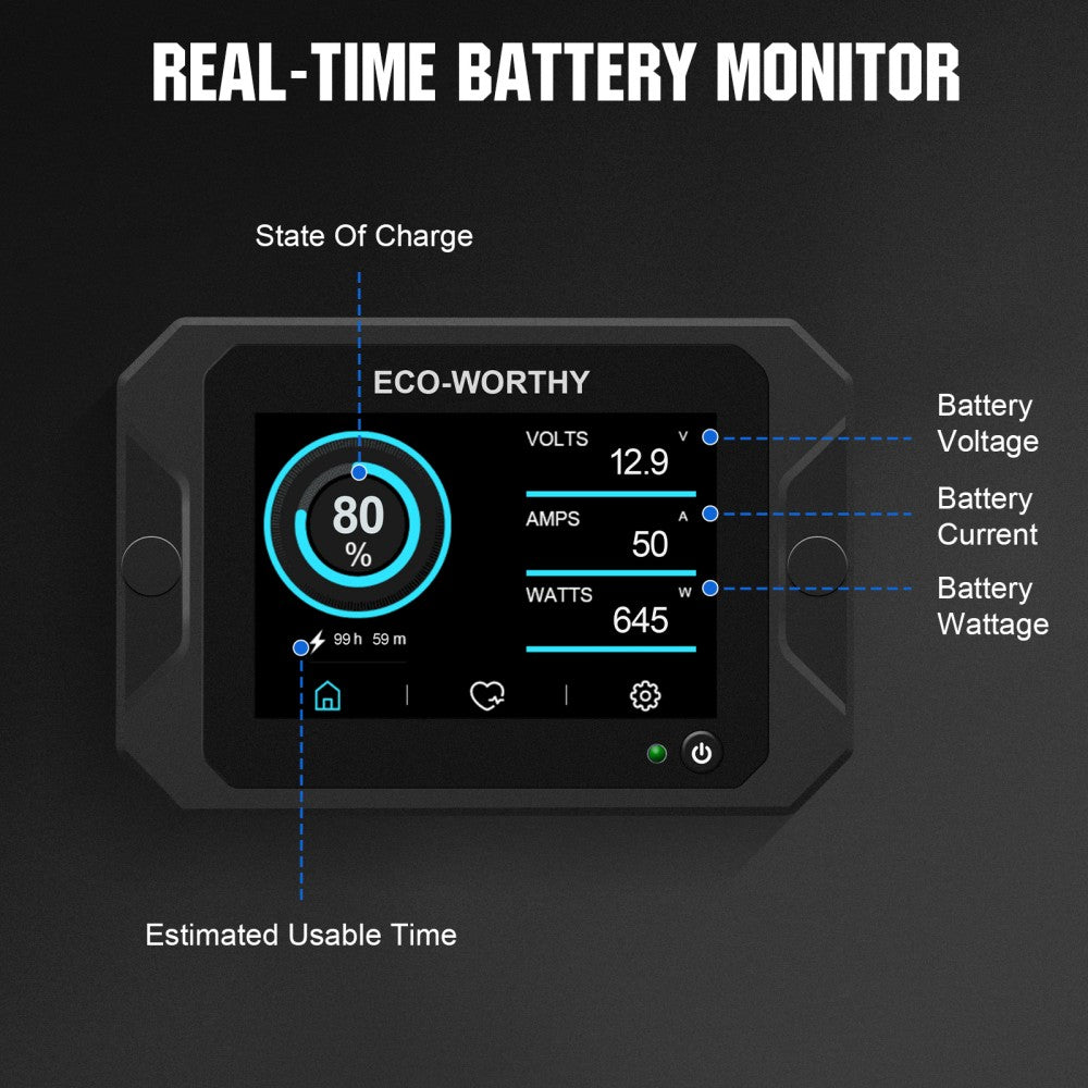 300A 3.5" Touchable Display Battery Monitor with Hall Sensor for AGM and Lithium (LiFePO4) Batteries