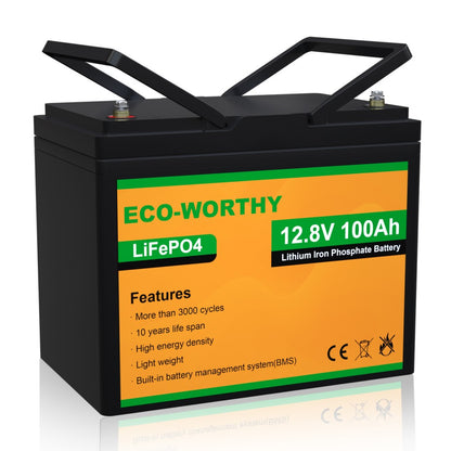 ECO-WORTHY 12V 100AH Mini Size LiFePO4 Lithium Iron Phosphate Fast Charging  Battery with BMS, Up to 15000 Deep Cycles, For RV, Camping, Marine,  50~86lbs Trolling Motor, UPS, Solar Home Off-Grid System