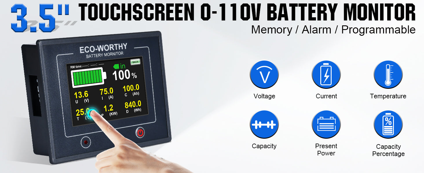Upgraded 200A 3.5 Touchable Display Battery Monitor with Hall Sensor for  AGM and Lithium (LiFePO4) Batteries