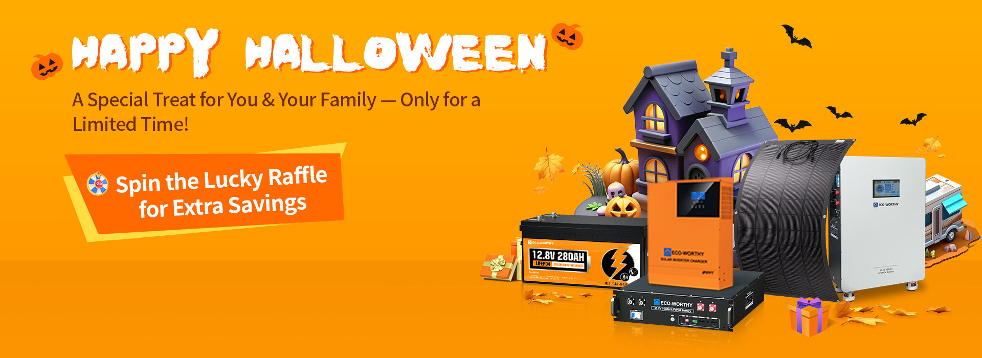 Eco-Worthy 18th Anniversary Sale banner showing solar panels and batteries with special discounts, bundle offers, and free gifts.