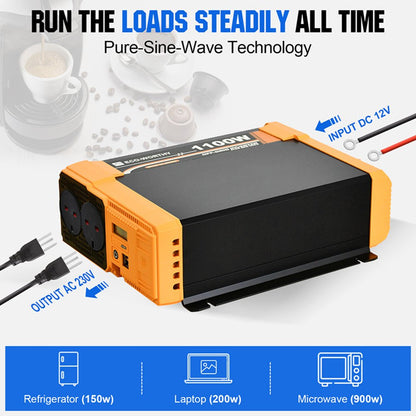 1100W Off Grid Pure Sine Wave Inverter 12V to 230V - eco - worthy - uk
