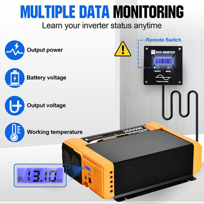 2000W Off Grid Pure Sine Wave Inverter 12V to 230V - eco - worthy - uk